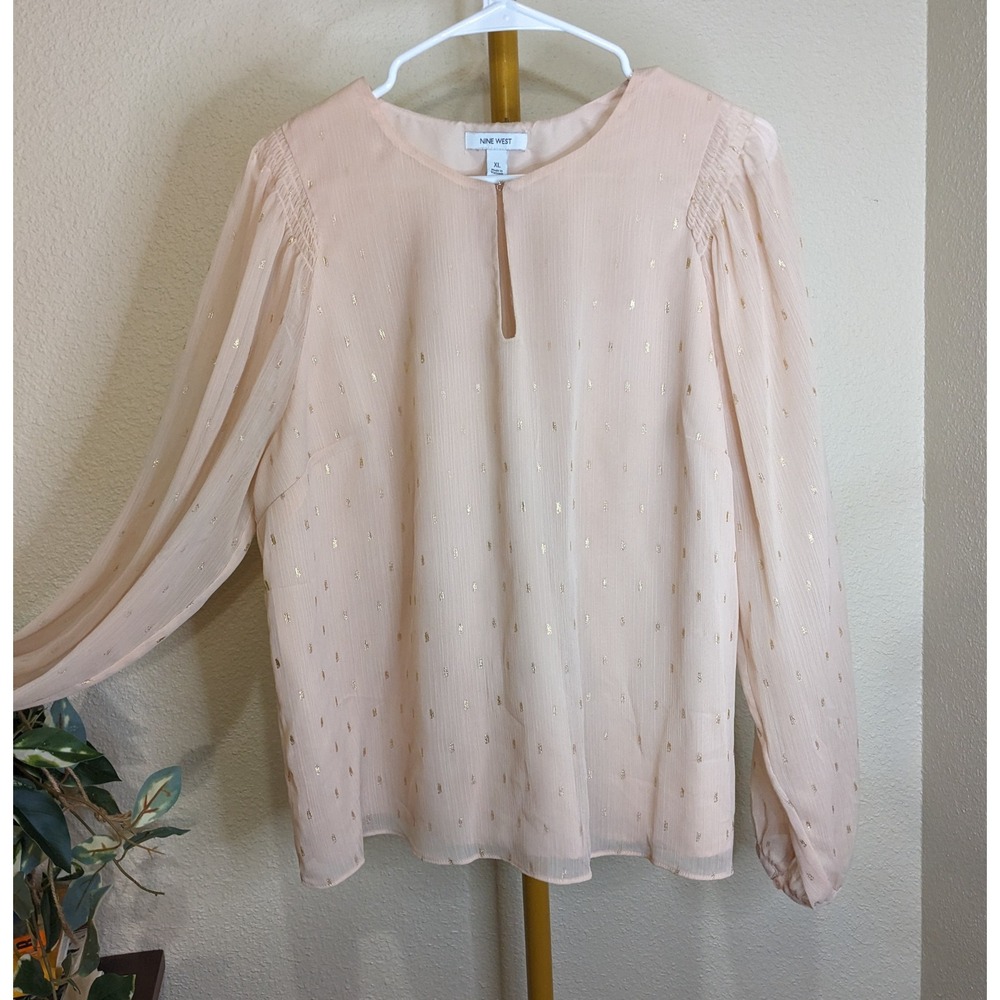Nine West Blush Pink Gold Metallic Polka Dot Blouse Ethereal Flowy Romantic